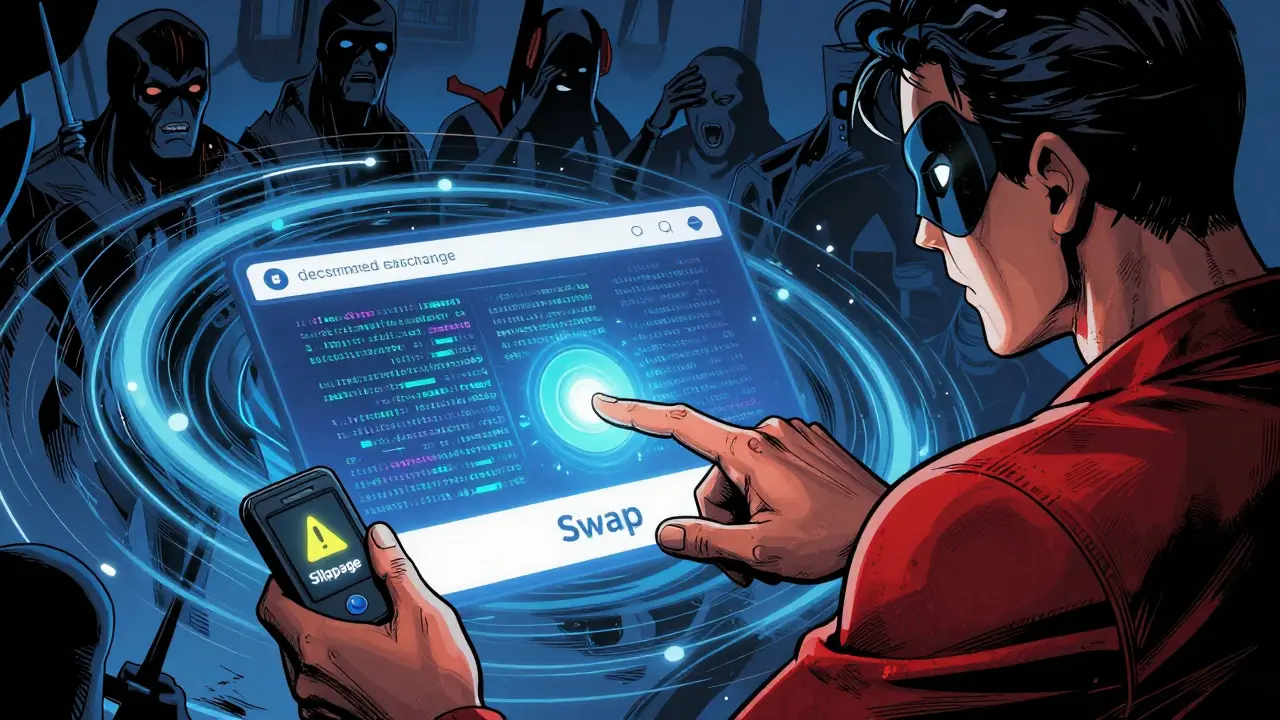 Comic book scene of risky decentralized crypto trading with slippage warnings