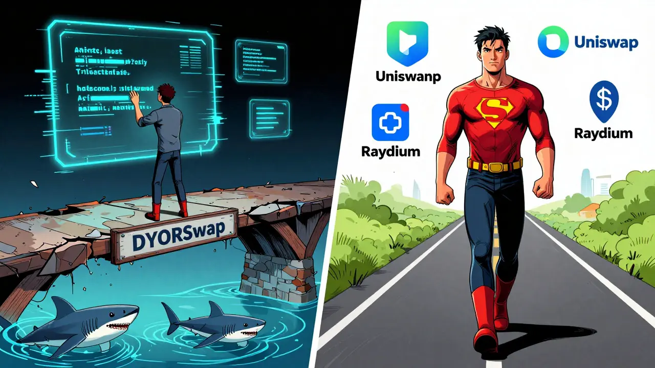 Comic comparison of a risky exchange path versus safe, established crypto alternatives.