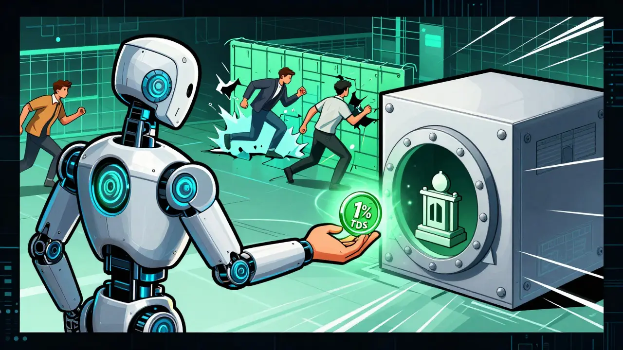 Comic style graphic showing 1% TDS deduction at a crypto exchange gate