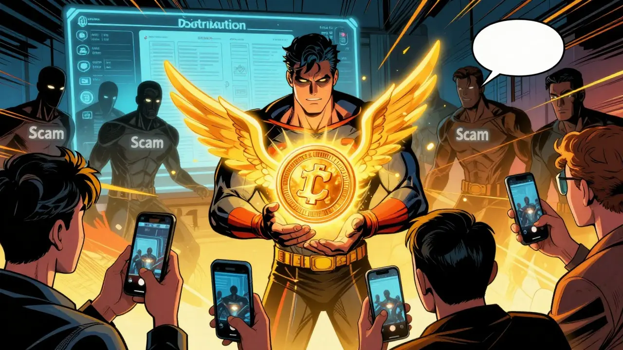 Comic style hero distributing glowing CWT tokens to users
