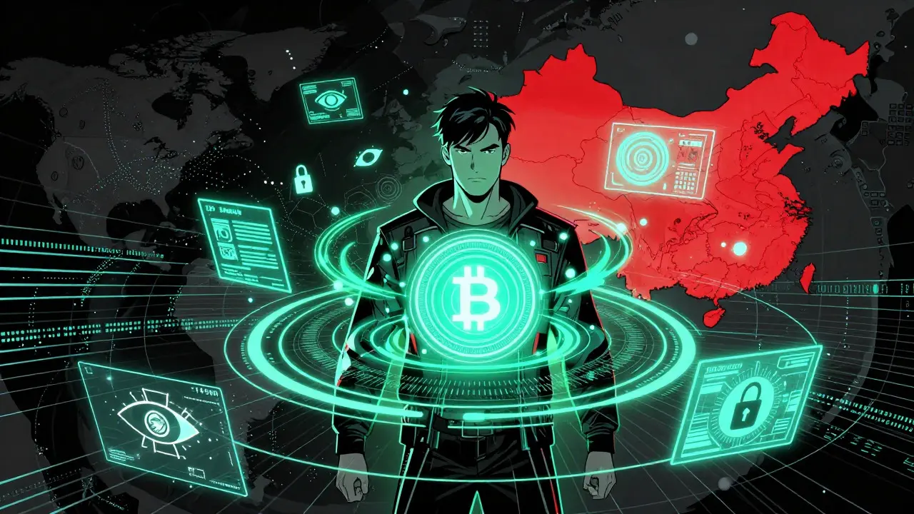 Comic style image of a user under digital surveillance by blockchain trackers.