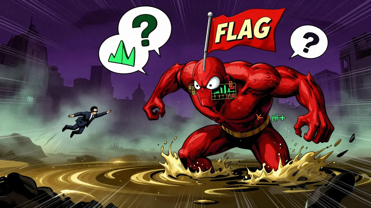 Comic style monster of red flags emerging from dark liquidity pools threatening a trader.