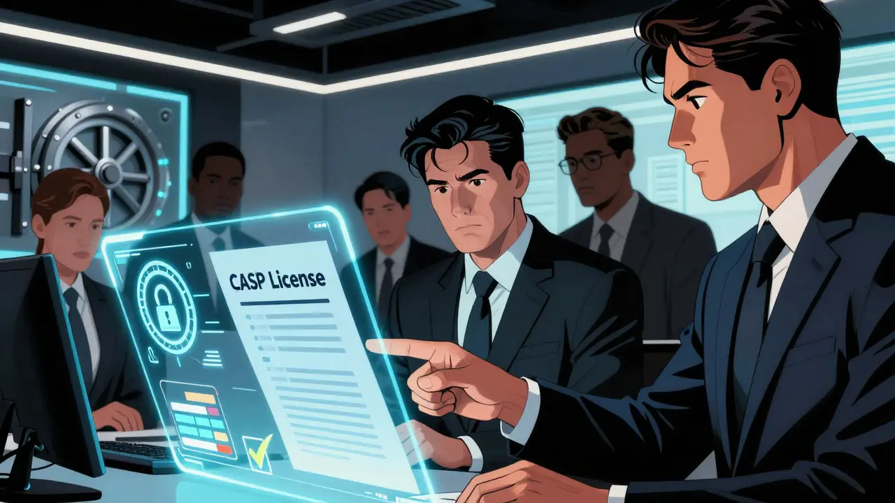 Comic style scene of fintech team reviewing CASP compliance documents