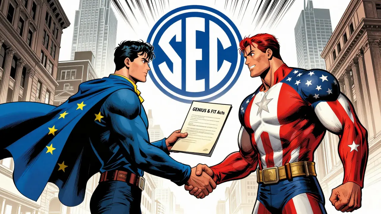 EU and US figures shaking hands over unified crypto laws, ending regulatory conflicts.