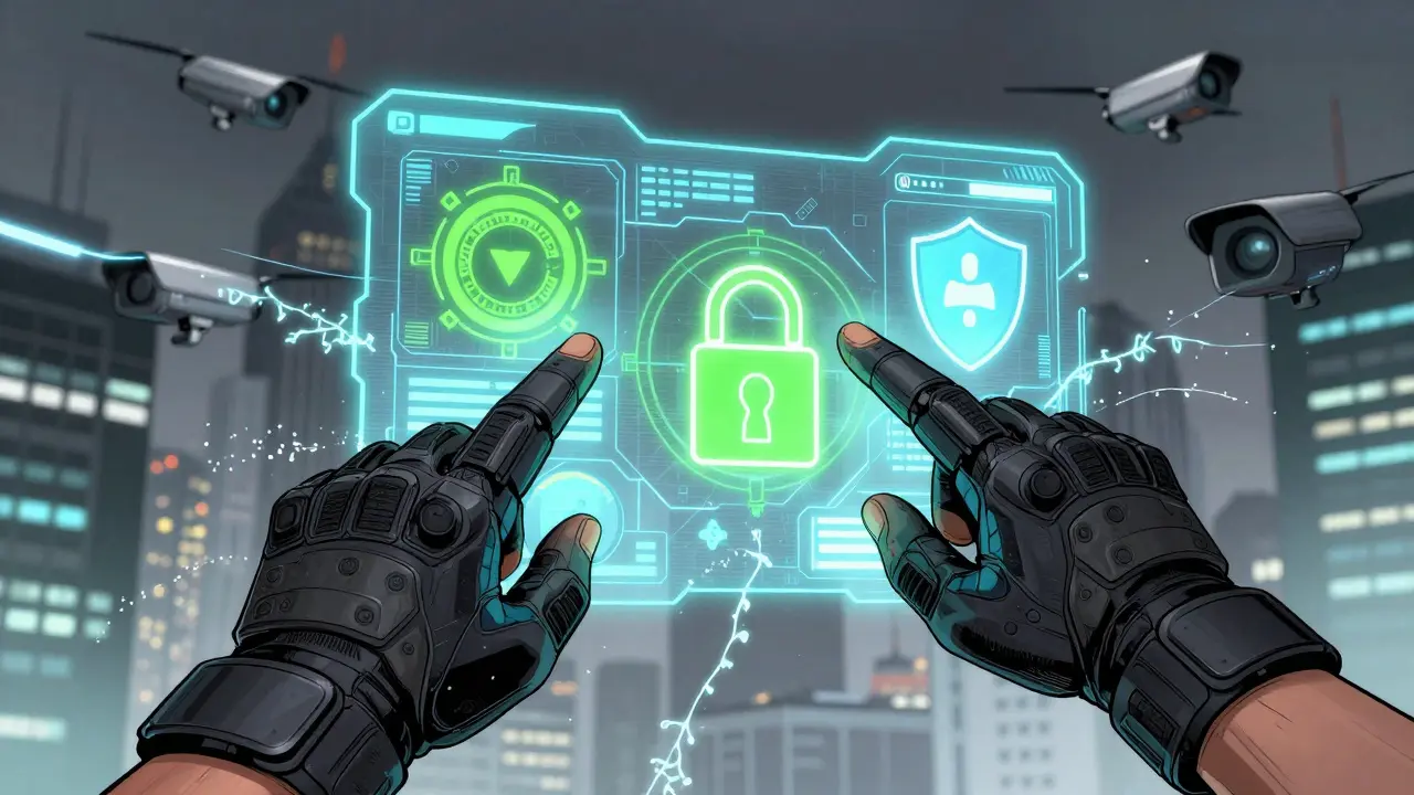 Hands manipulating holographic crypto security layers in comic style