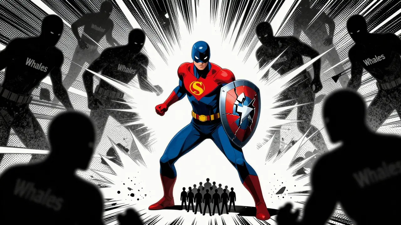 Hero defending against shadowy whales in a comic panel