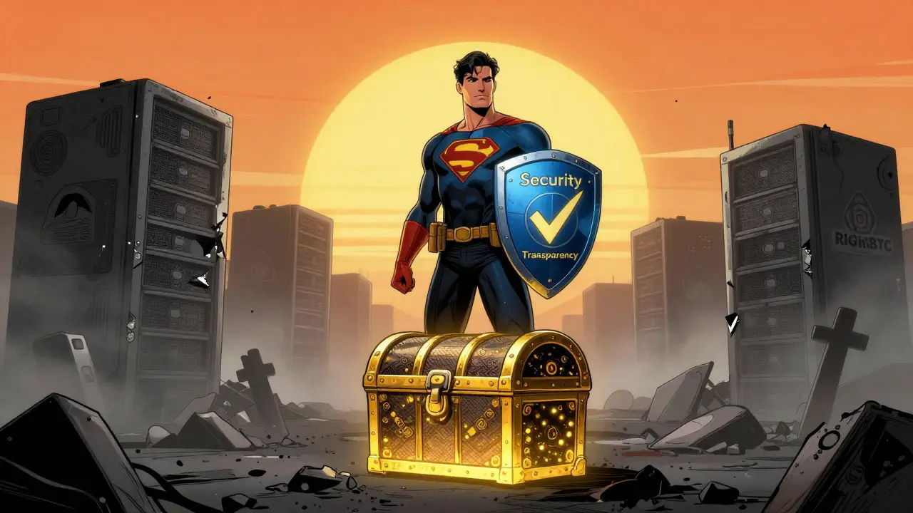 Hero guarding hardware wallet against defunct exchange graveyard