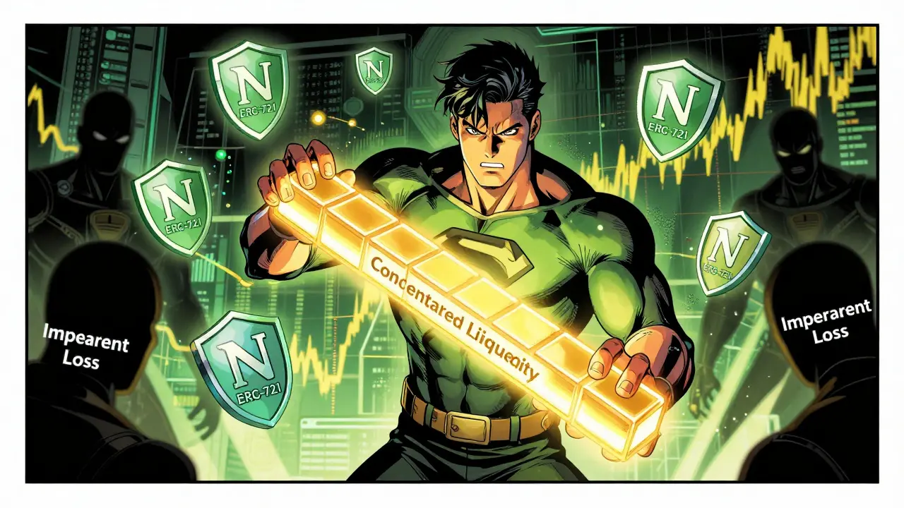 Hero managing concentrated liquidity pool with NFT shields against loss