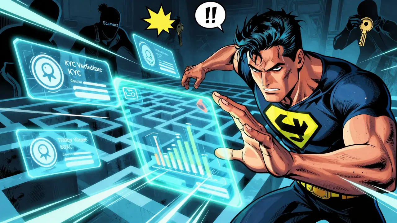 Hero navigating holographic exchange challenge panels while avoiding shadowy scammers in comic style.