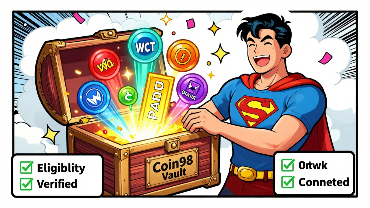 Hero opening vault releasing colorful crypto tokens as rewards