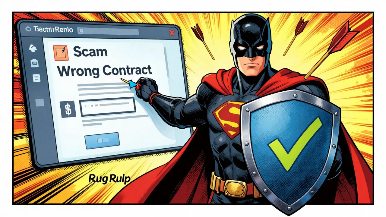 Hero shielding against scams by verifying contract addresses in comic style.