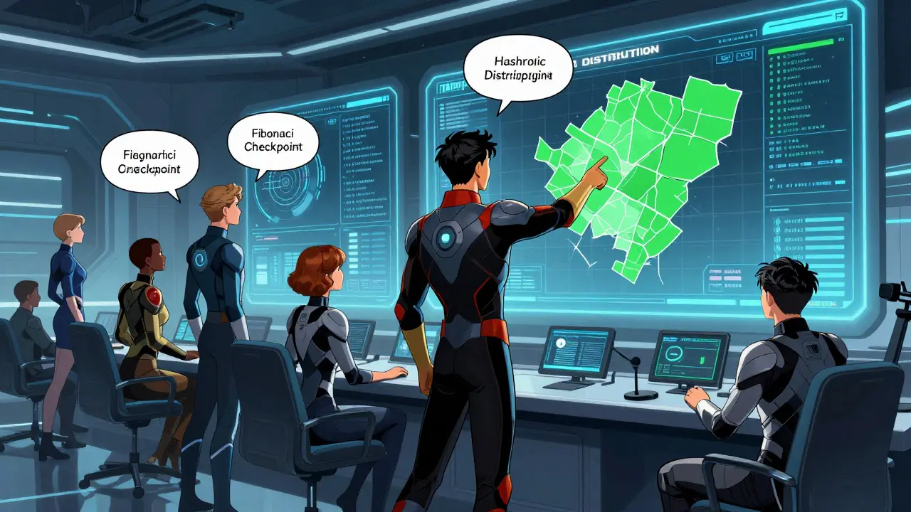 Heroes monitoring blockchain security dashboards in comic style