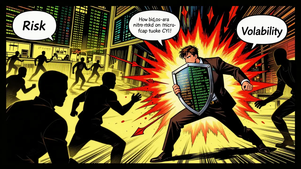 Heroic figure defending against market risks and volatility in comic art.