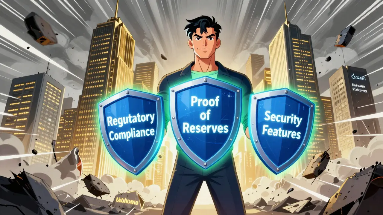 Heroic figure protecting investors with shields of regulation and security.