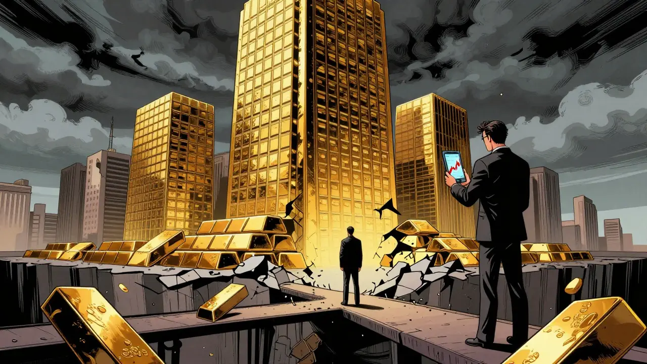 Investor on a bridge overlooking a crumbling gold skyscraper