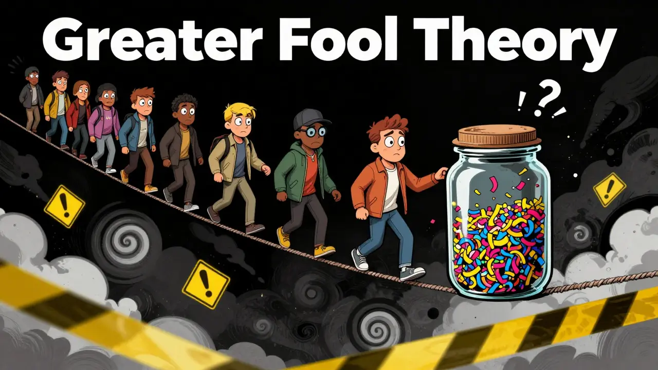 People passing a fragile jar on a tightrope, symbolizing speculative meme coin risk