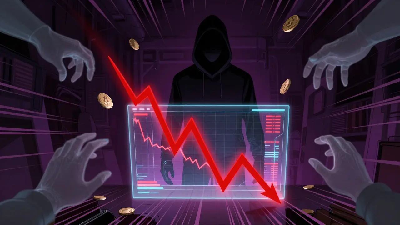 Shadowy trader watching a red chart crash in a dark, risky crypto environment