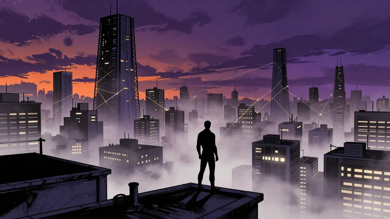 Silhouette on rooftop viewing hidden golden crypto network threads