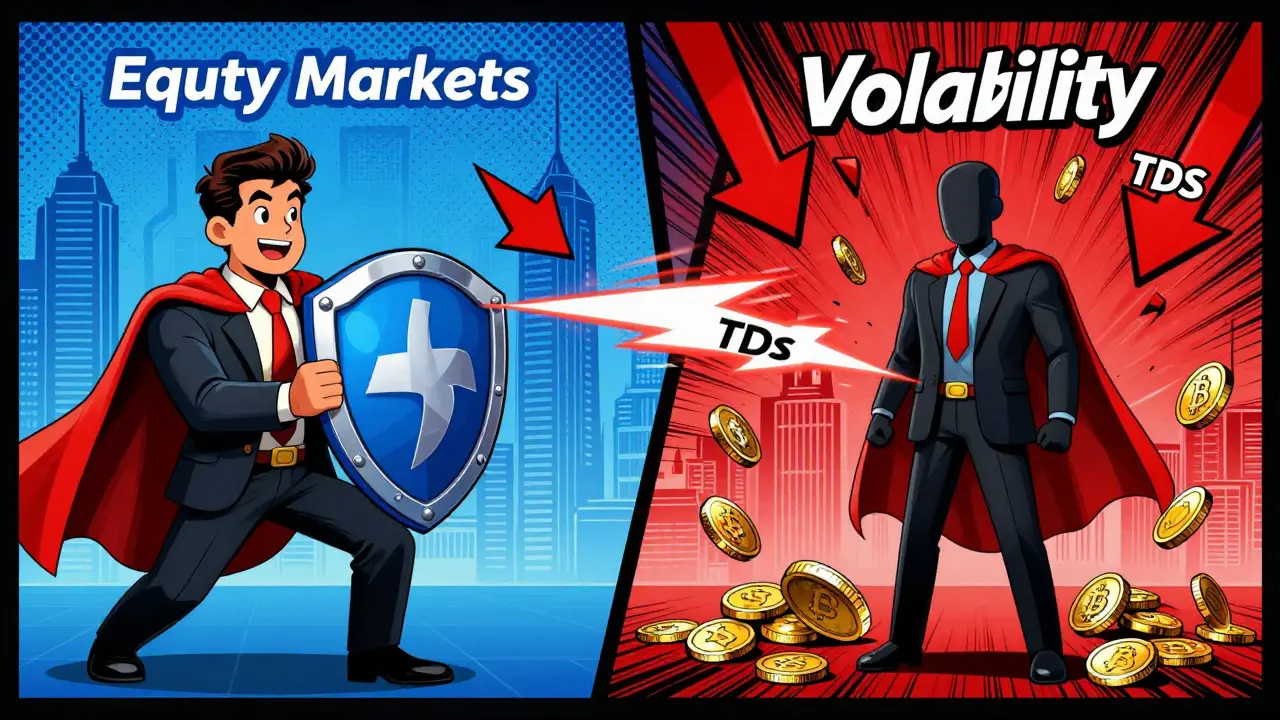 Split panel comic comparing protected stock investor vs exposed crypto trader