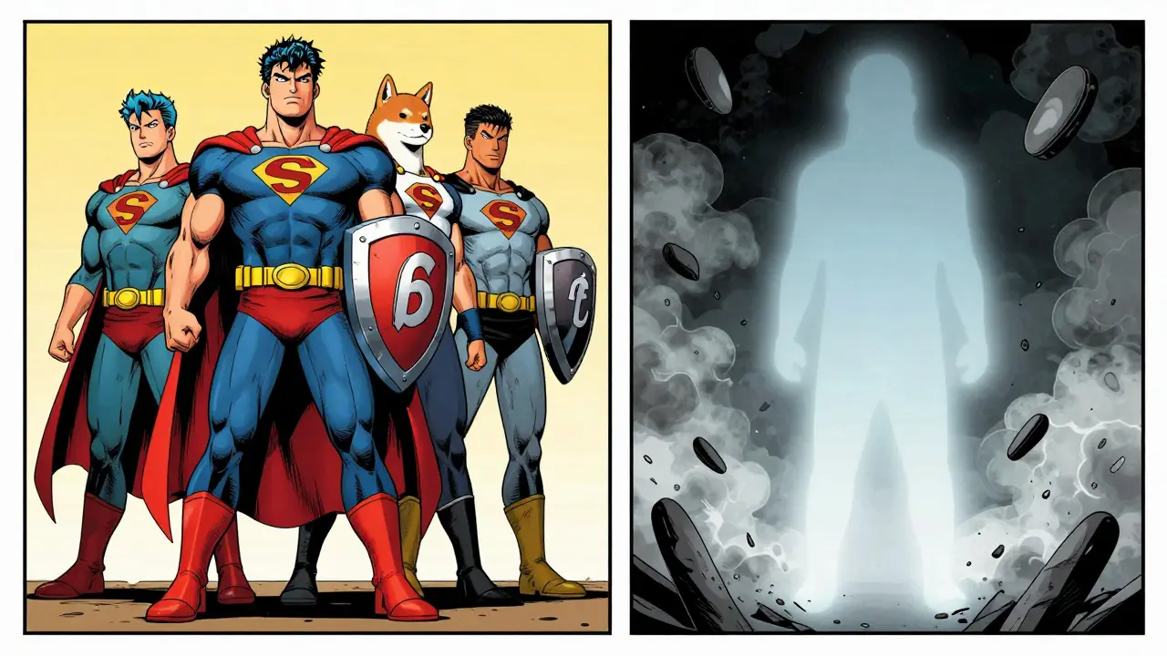 Strong crypto heroes vs fading ghostly SMOL coin in comic book style