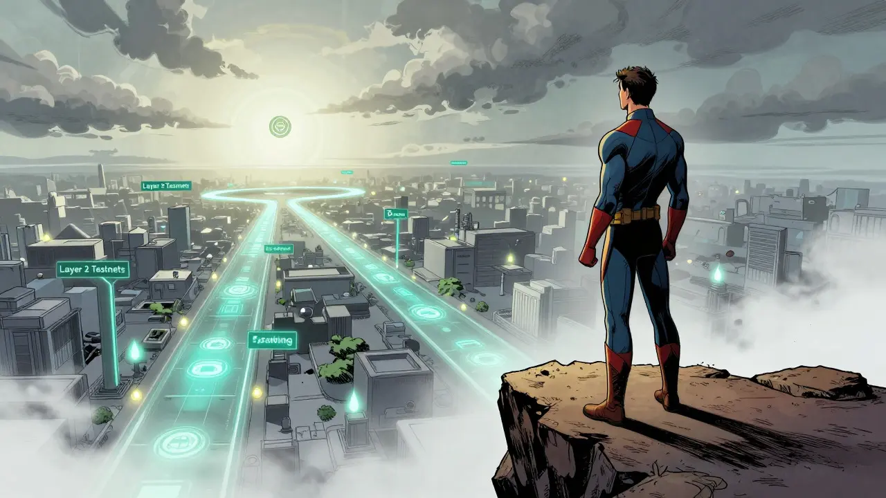 Superhero contemplating safe crypto alternatives versus the risky, misty future of the BINO token.