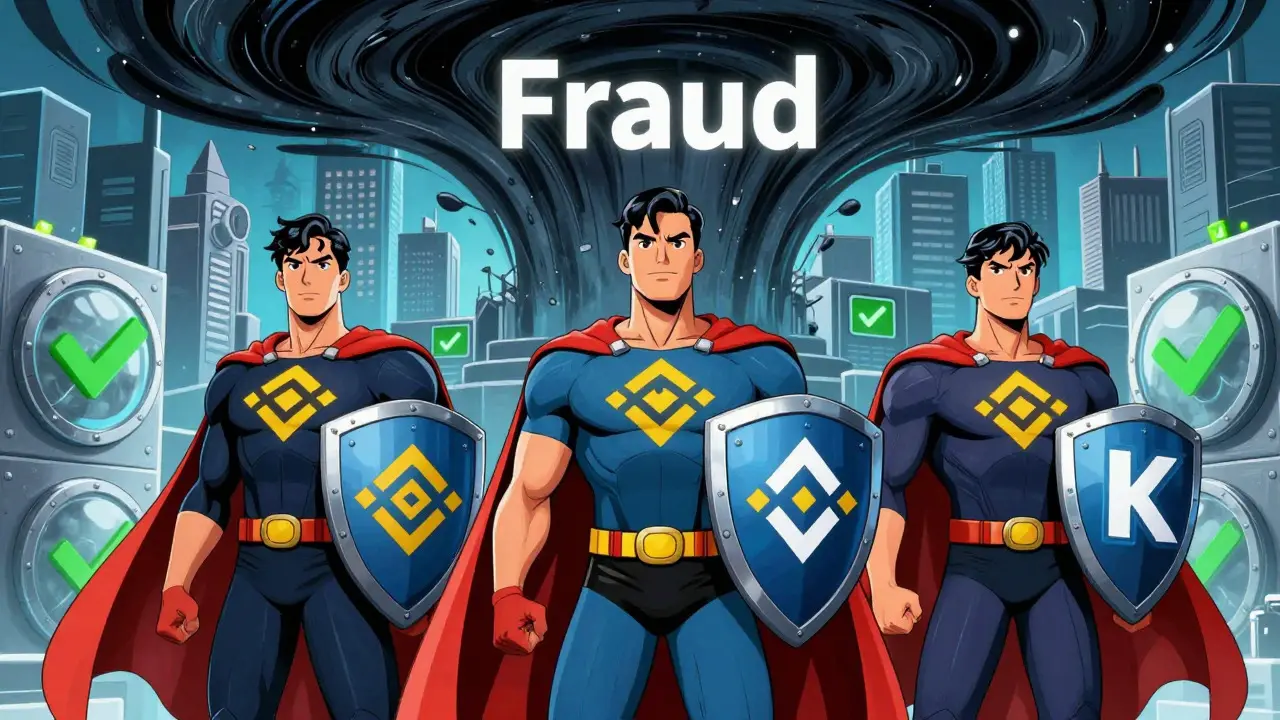 Superheroes representing safe exchanges blocking fraud