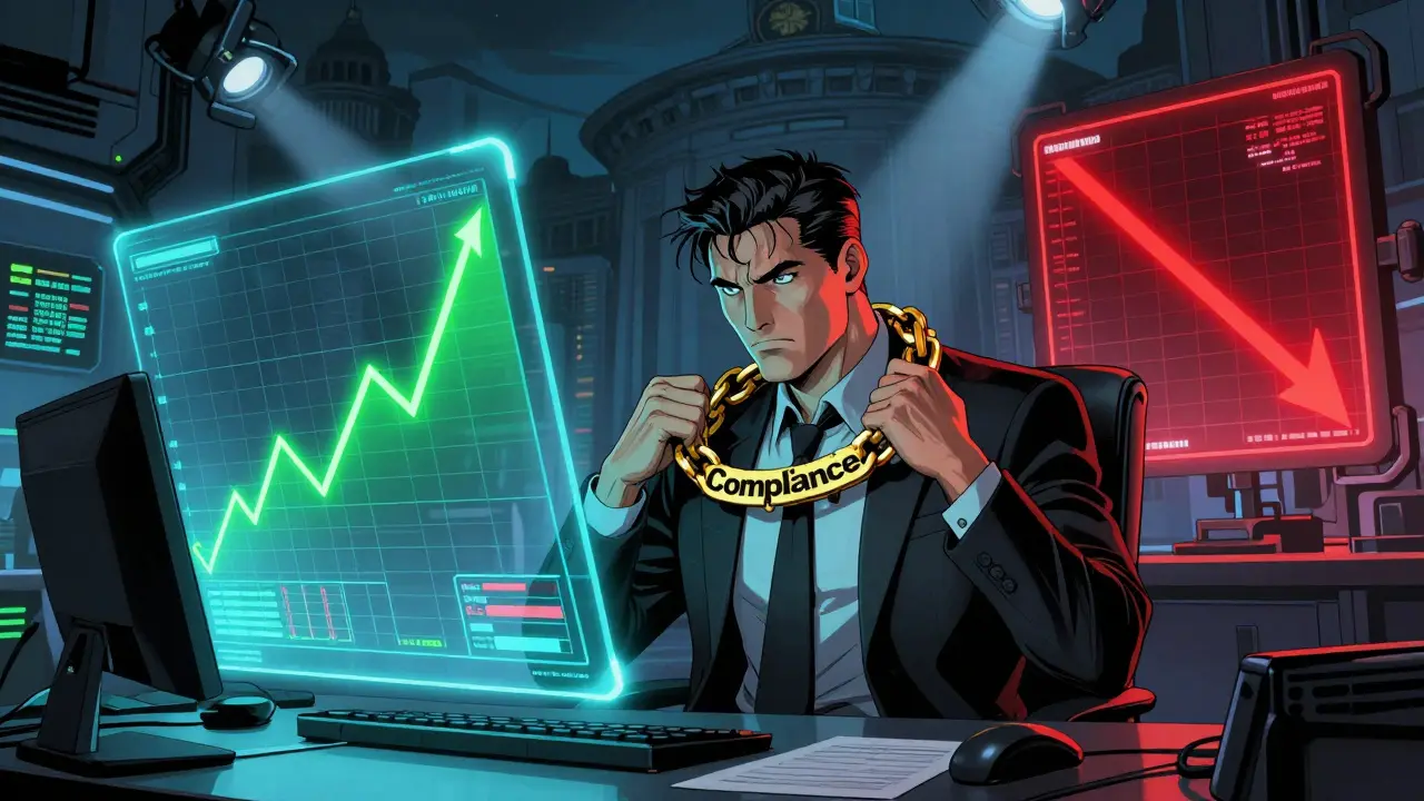 Trader burdened by compliance chains amidst volatile crypto charts