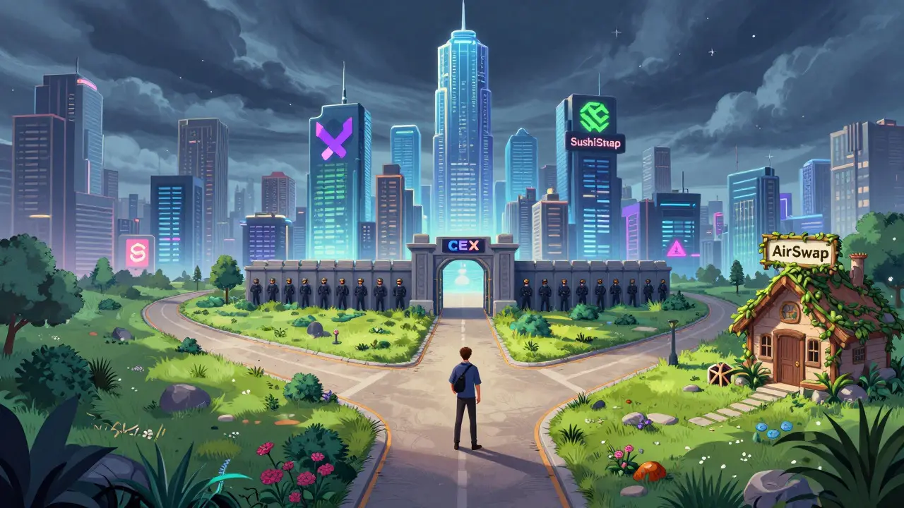 Traveler choosing between busy exchange cities and quiet AirSwap garden path