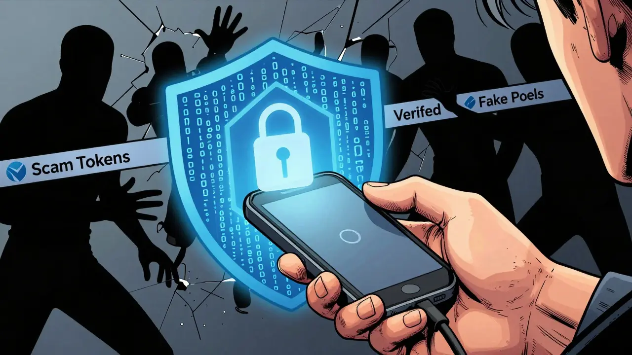 User securing wallet connection against scam tokens in comic style
