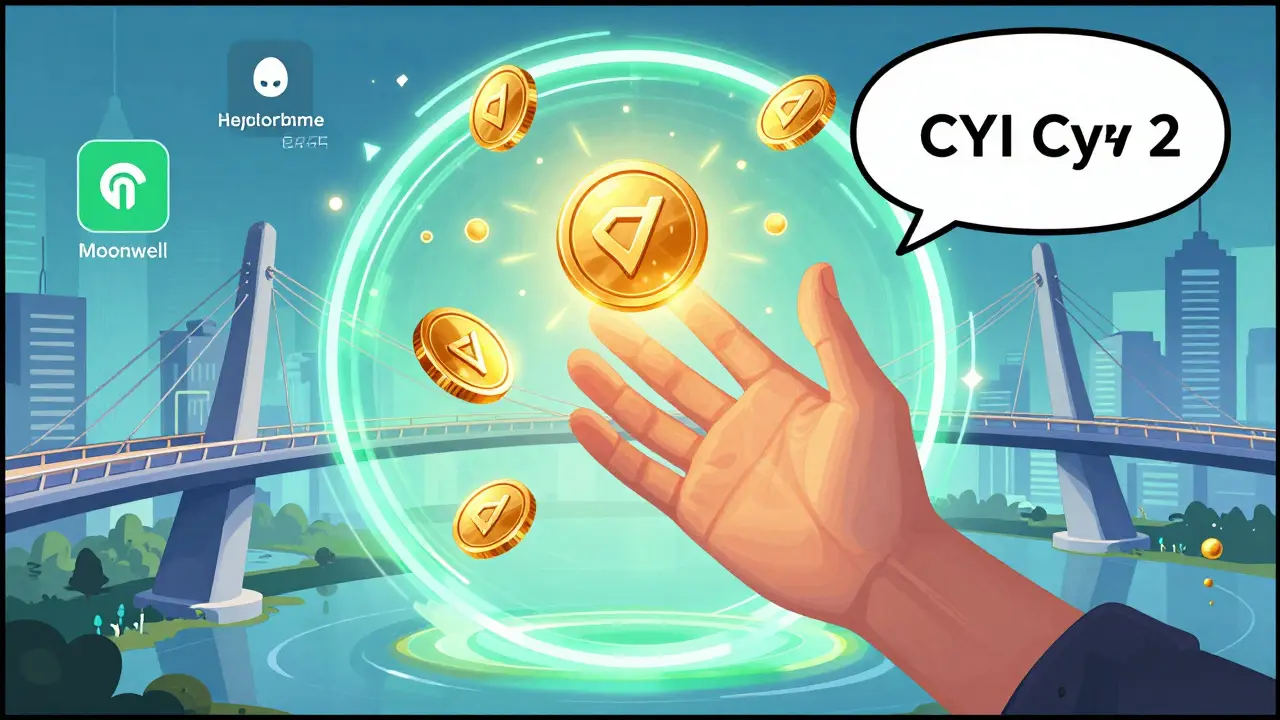 User swapping crypto tokens via a glowing portal in superhero comic style.