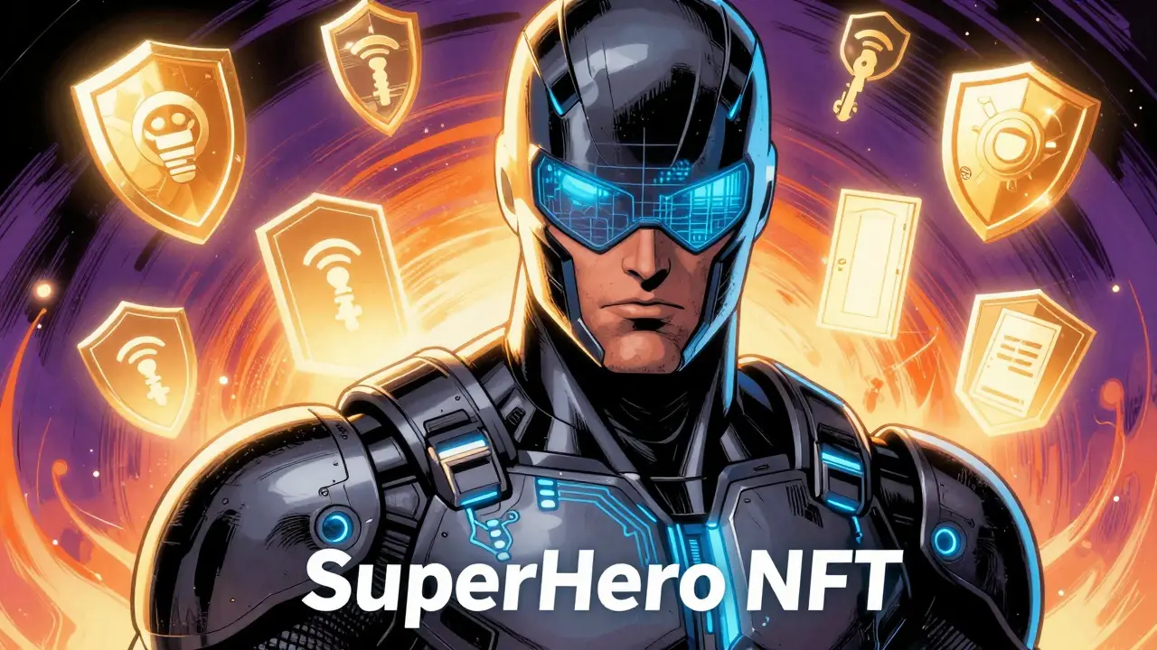 Armored superhero avatar with glowing tech accents in comic art