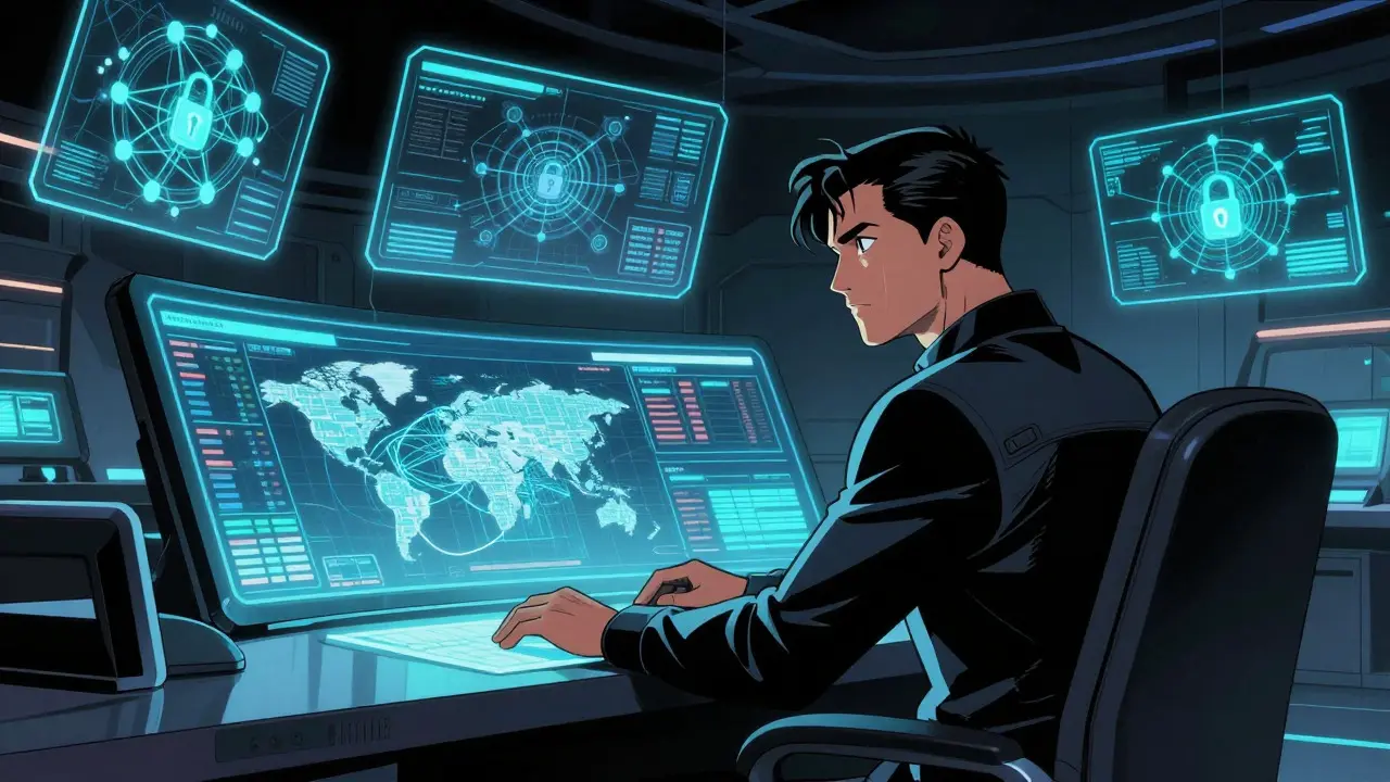 Character in high-tech room monitoring global crypto data streams