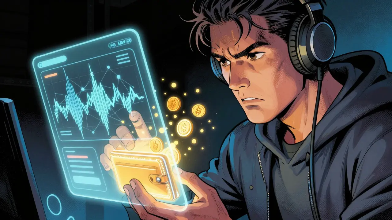 Comic art of gamer receiving tokens via holographic app interface