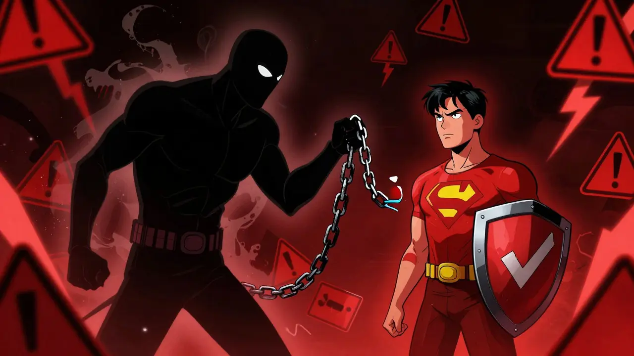 Comic art of hero defending against shadowy scam villain with link chain