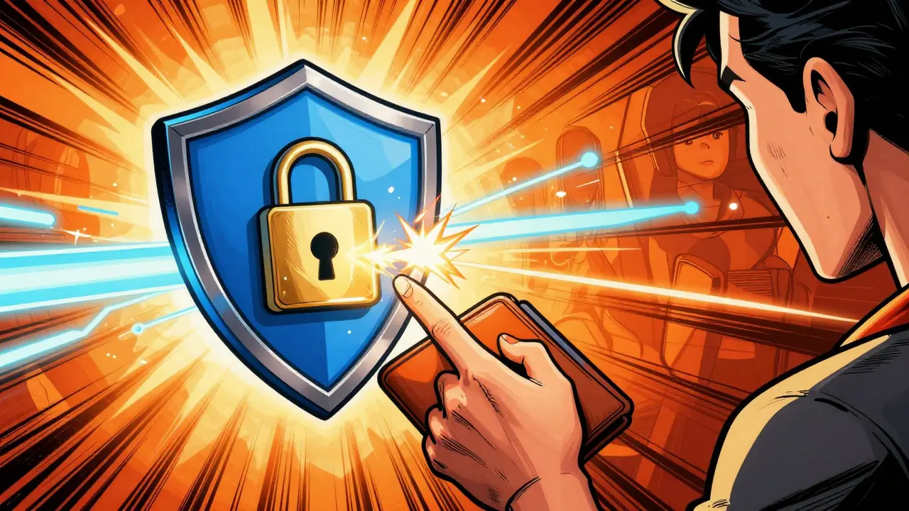 Comic art of secure wallet connection with sparks and data streams