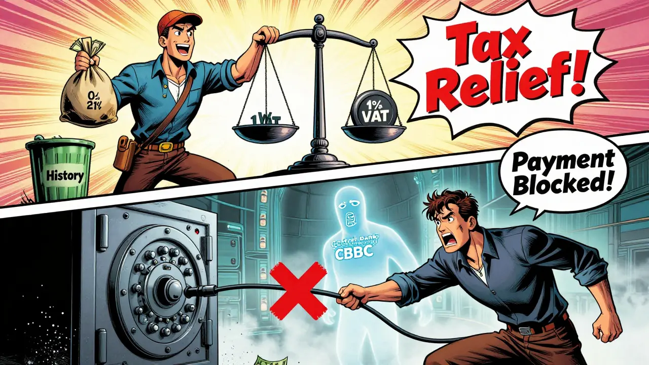 Comic art: Trader celebrates tax cut while merchant faces payment ban.