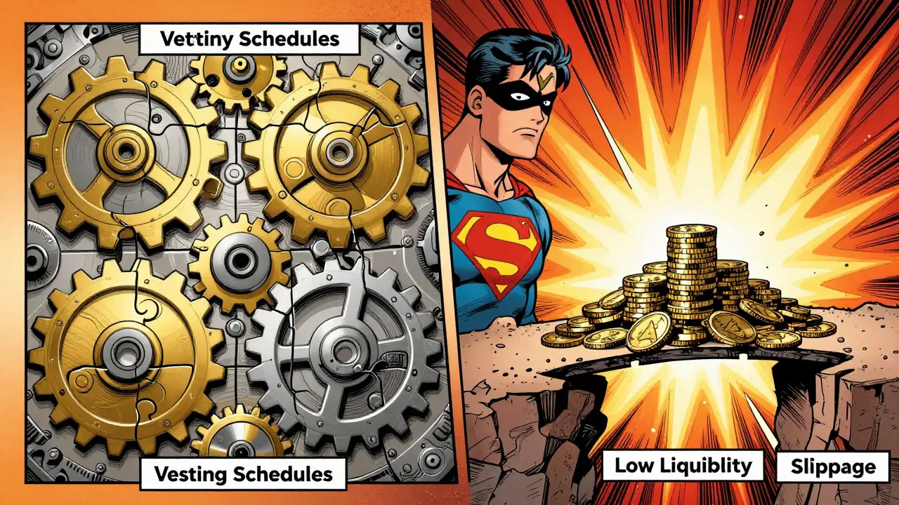 Comic book illustration contrasting token vesting mechanics with low liquidity risks.