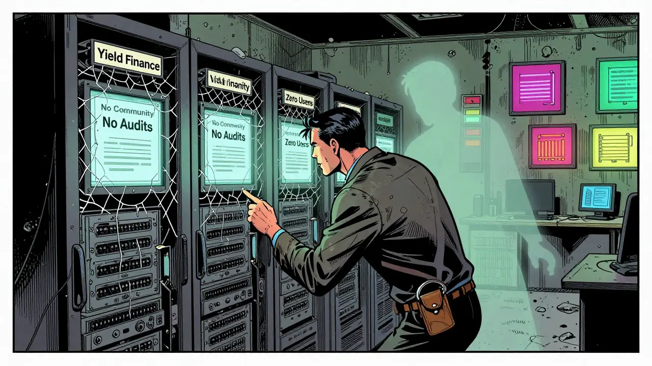 Comic book style image of an abandoned Yield Finance server room symbolizing a dead zombie coin project.