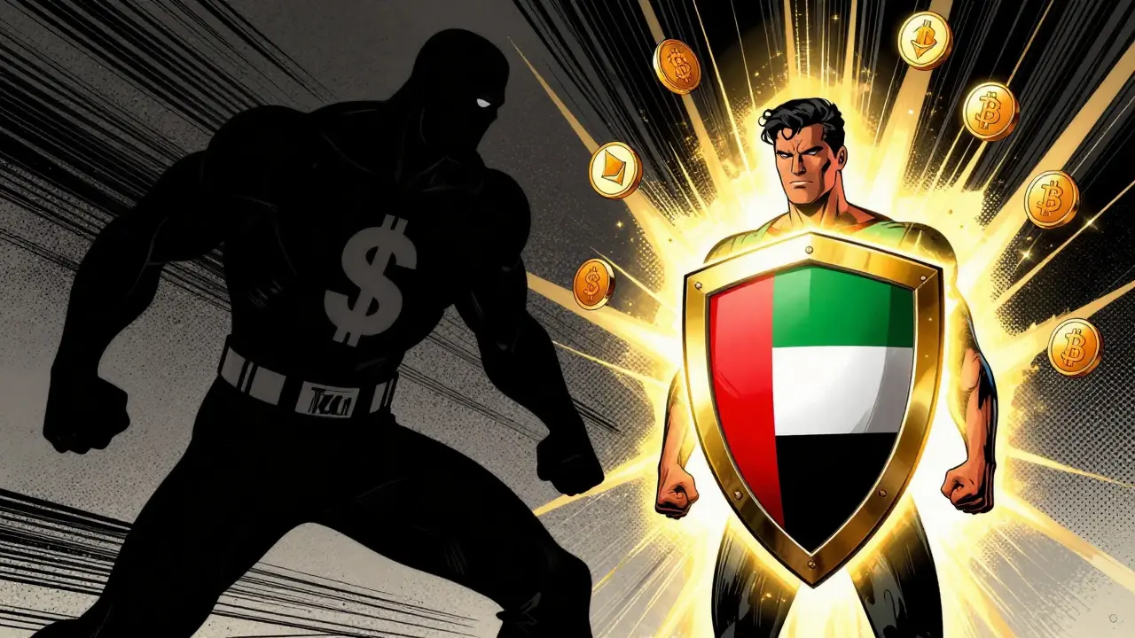 Comic hero shielding crypto assets from shadowy tax figures