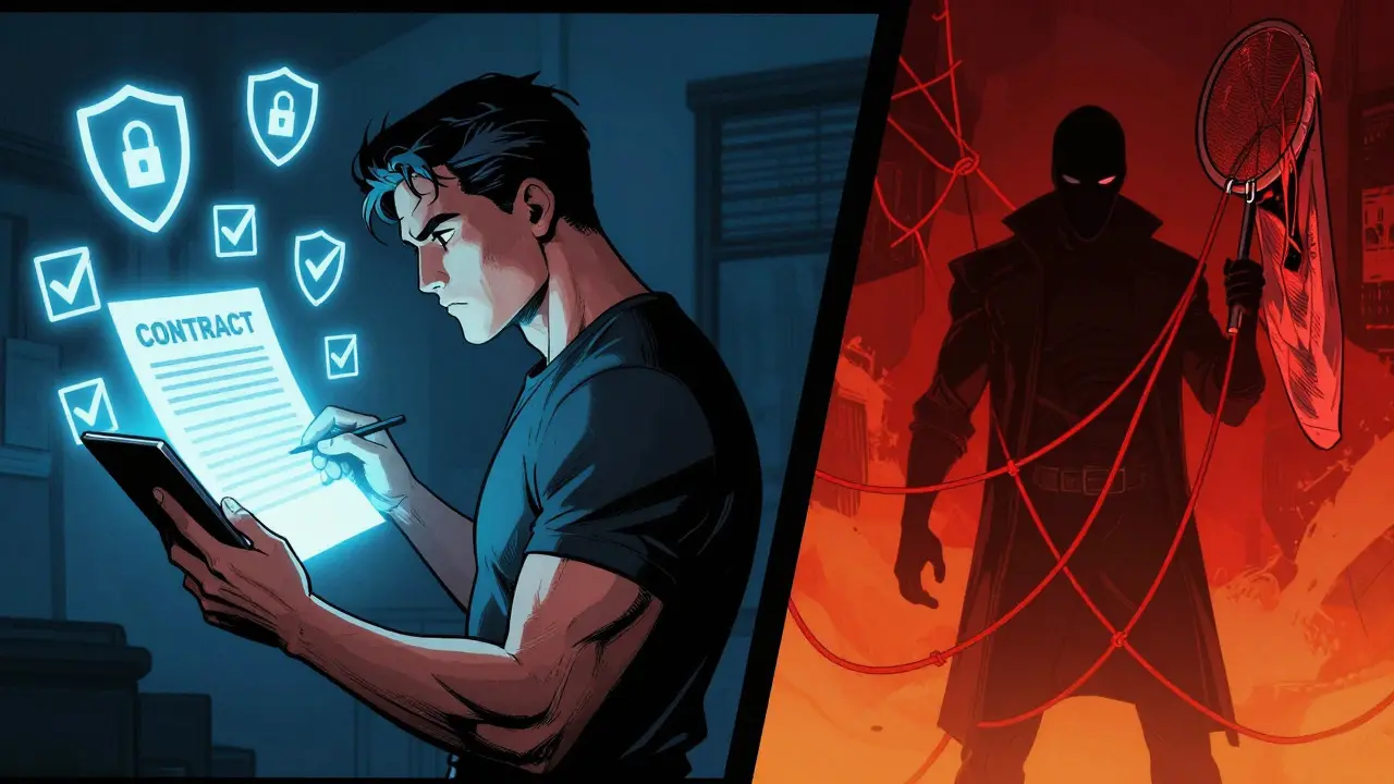 Comic illustration contrasting a secure wallet verification process against a lurking scam villain