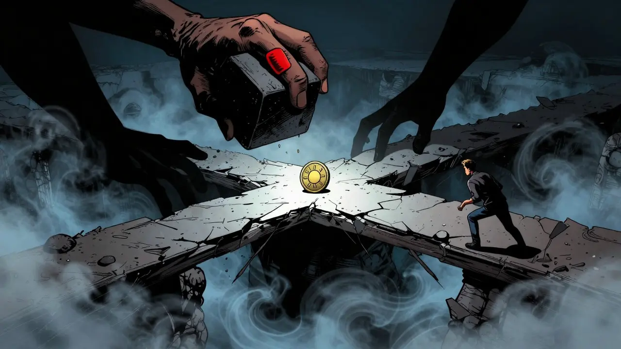 Comic illustration of a fragile coin on a crumbling bridge over a deep abyss