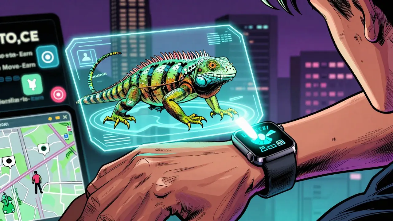 Comic illustration of a hand interacting with a holographic AI iguana NFT and fitness data