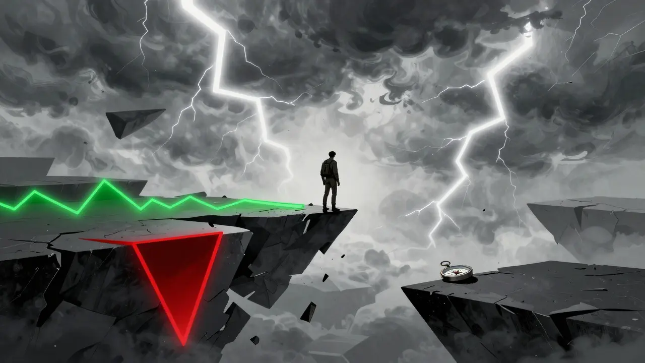 Comic illustration of an explorer on fragmented platforms facing a storm