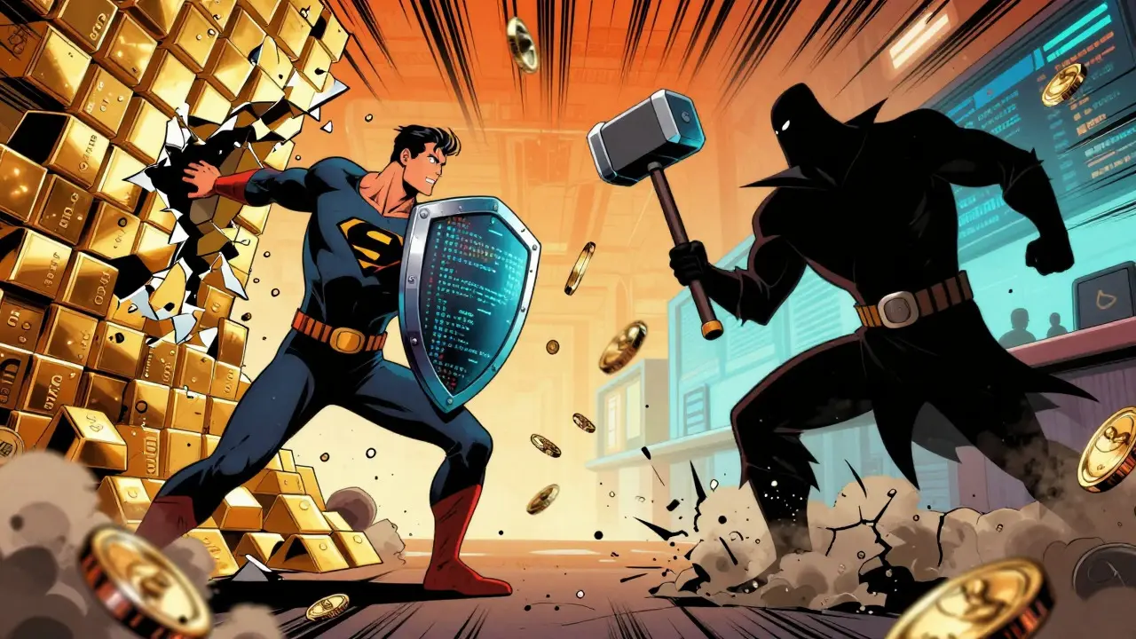 Comic style clash between a code-shielded hero and a volatility villain