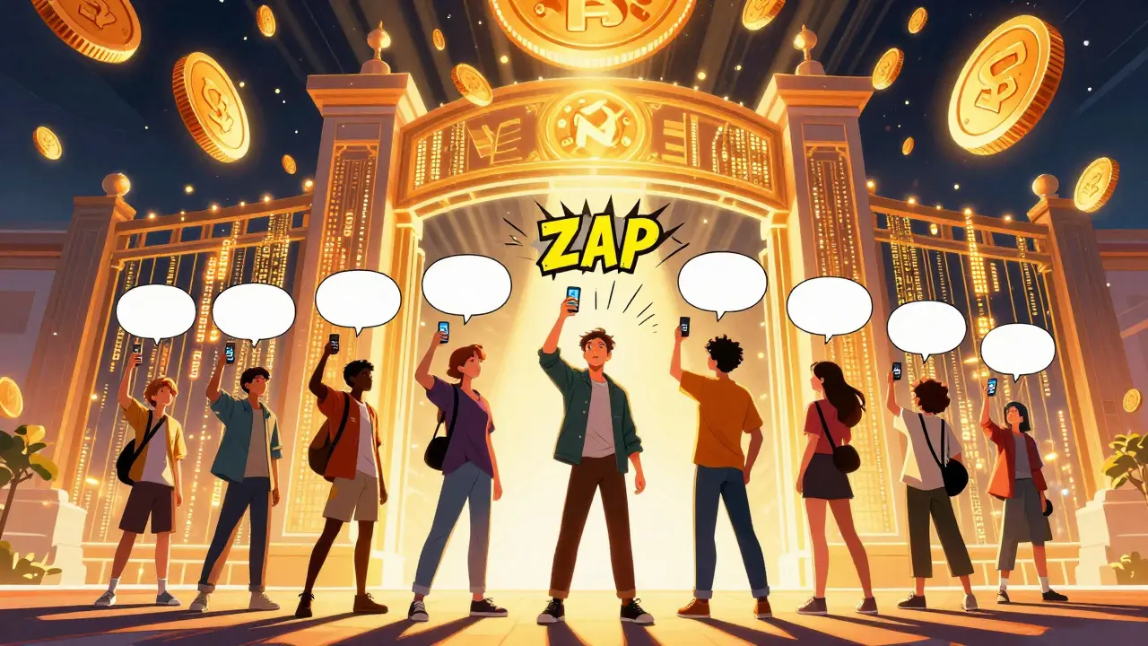 Comic style crowd scanning a digital gate while receiving raining golden tokens and rewards