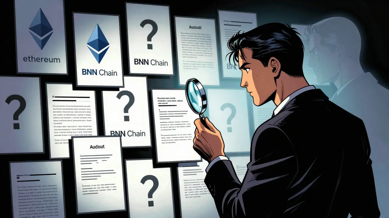 Comic style detective examining conflicting data cards and missing audit reports