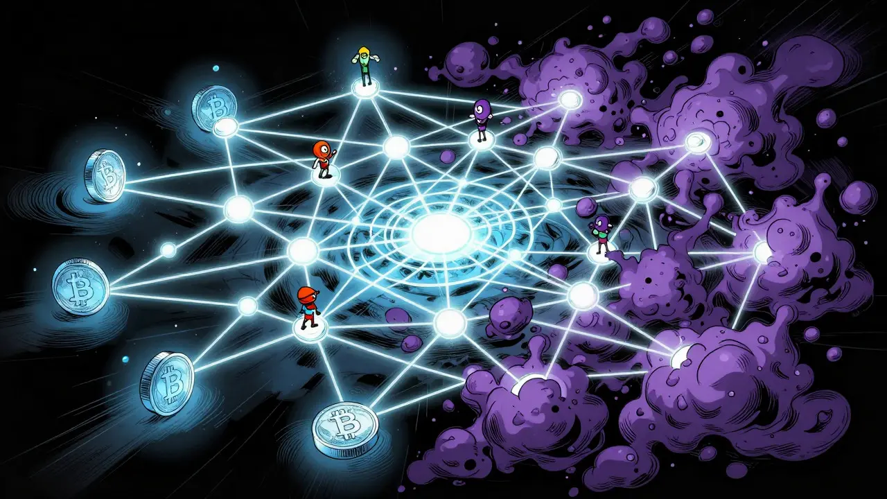 Complex blockchain web showing money laundering in comic art