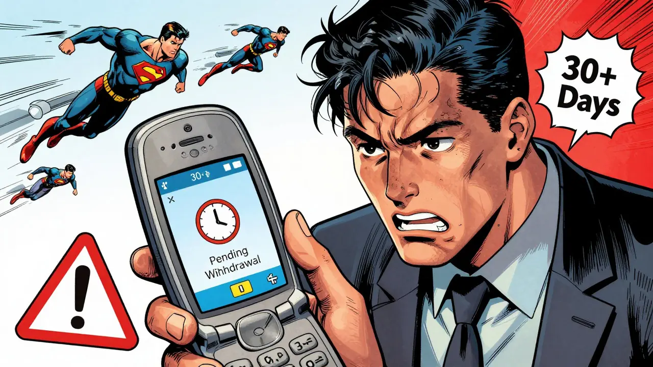 Frustrated user facing delayed withdrawals on outdated mobile interface