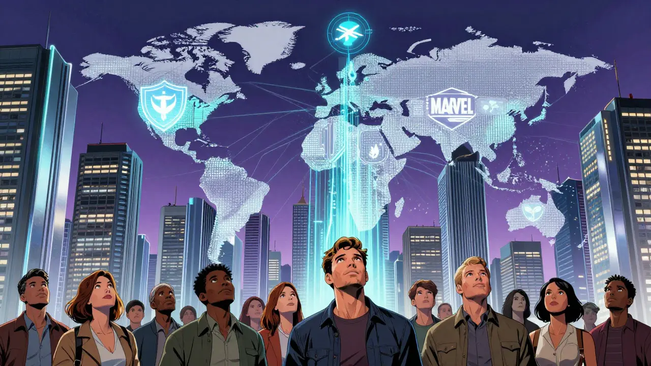 Futuristic city with blockchain nodes and floating insurance icons
