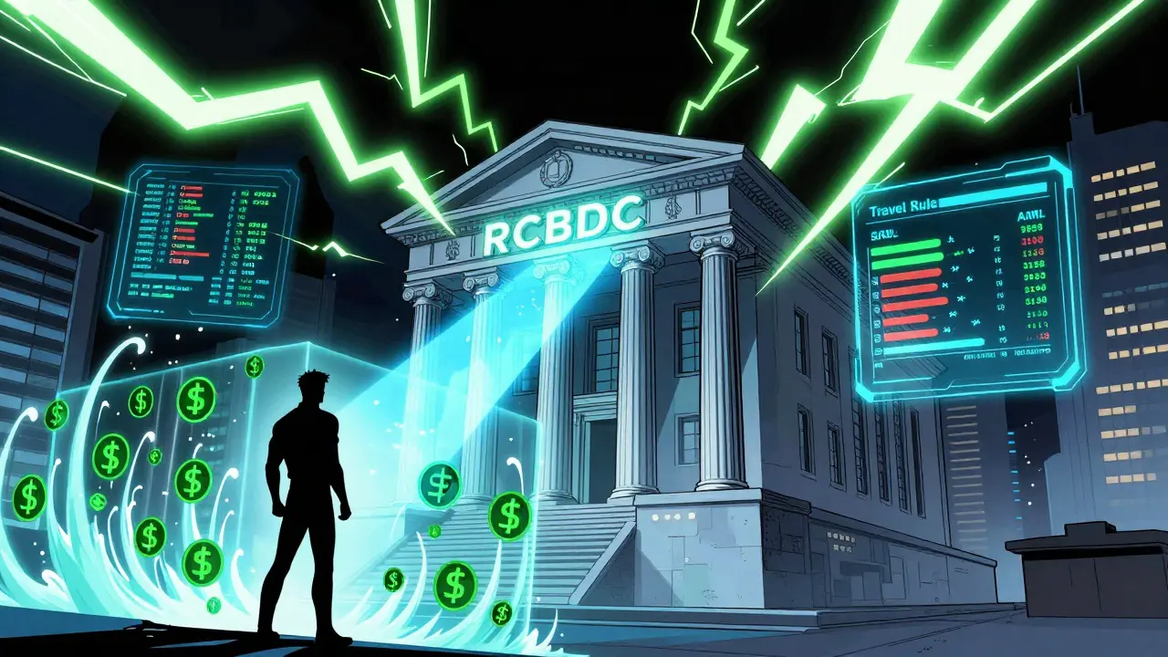 Futuristic comic scene of central bank stabilizing crypto with tech shields